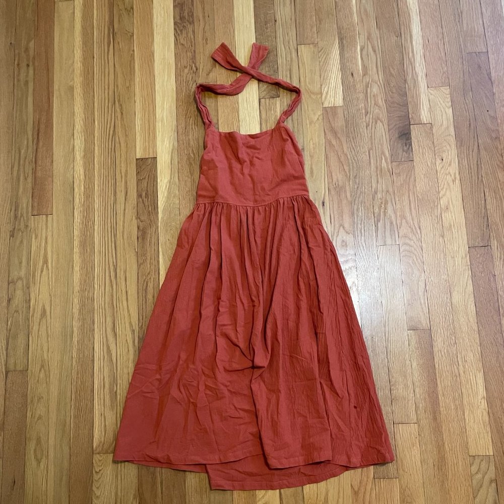 Casual Yet Elegant Rust Colored Square Neck Pleat Strap Dress w/Pockets